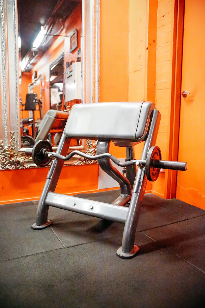 Preacher curl bench on the gym floor